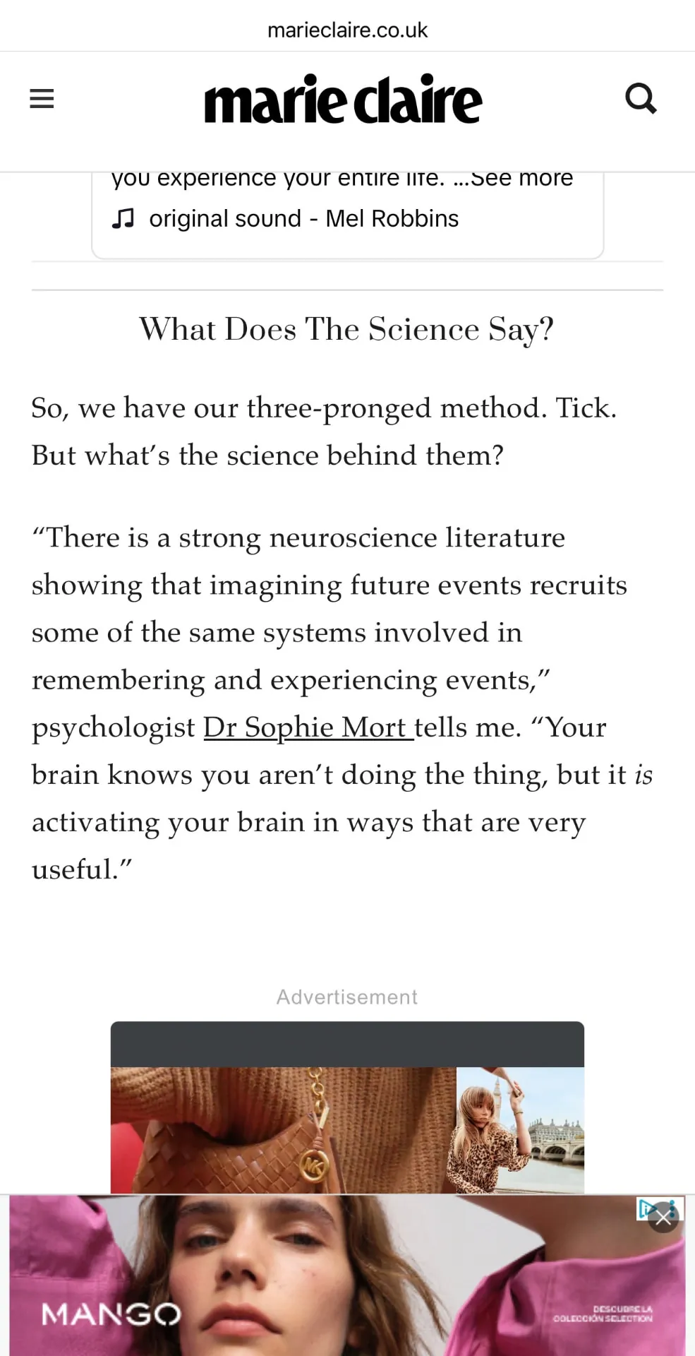 Marie Claire clipping — I tried the science-backed art of imagining a better future