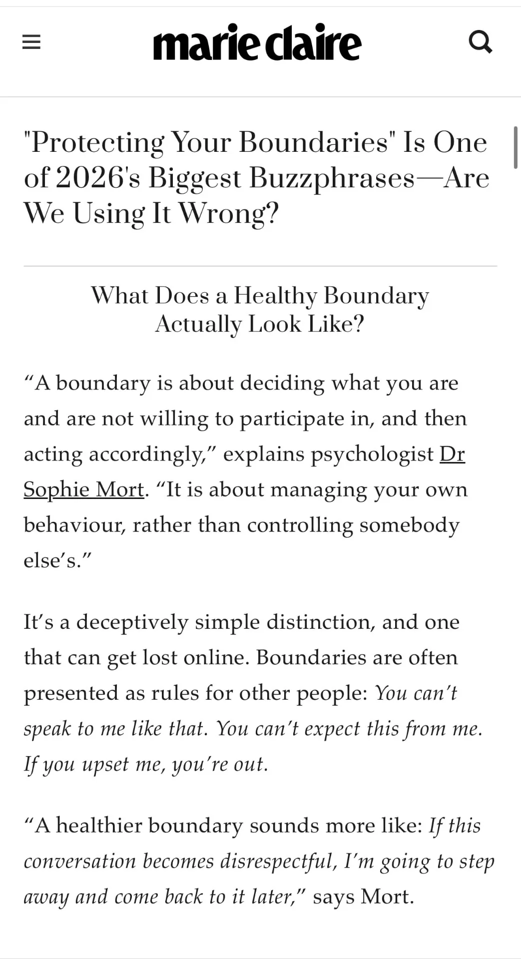 Marie Claire clipping — “Protecting Your Boundaries” Is One of 2026's Biggest Buzzphrases—Are We Using It Wrong?