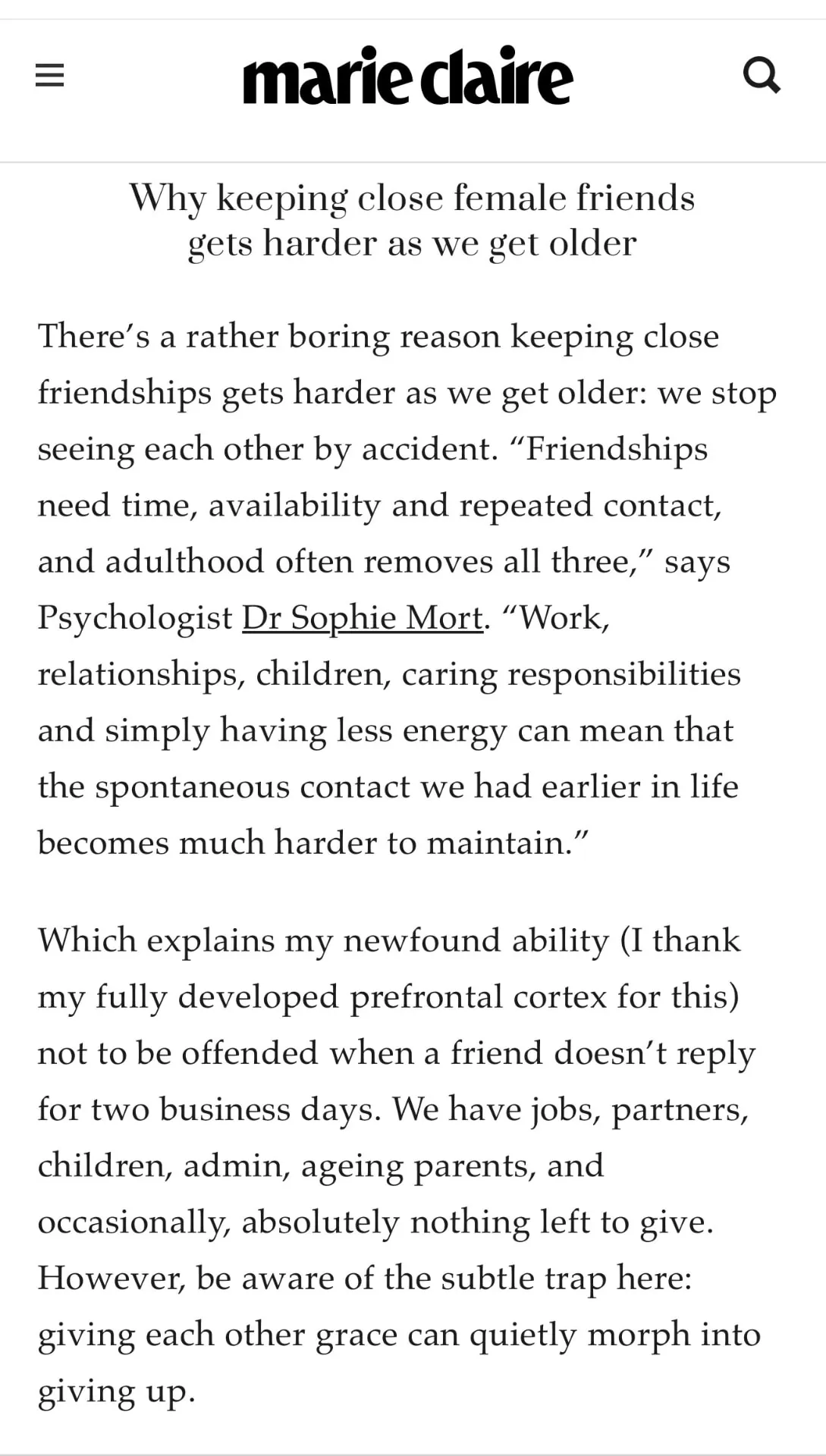 Marie Claire clipping — Trust Me, I'm a Behavioural Scientist—Friendships Are One of the Most Powerful Yet Overlooked Health Tools